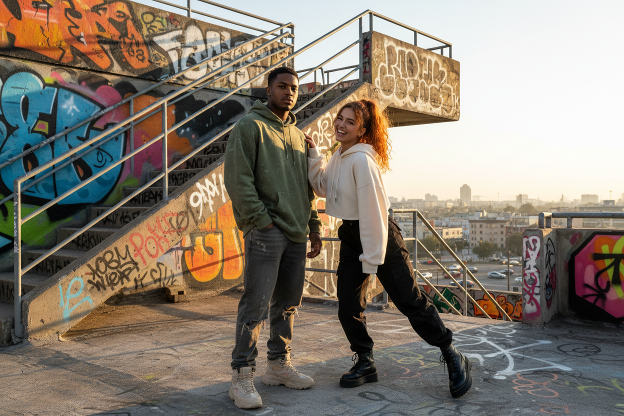 1.1 both men & women Model in hoodie — rooftop, stairs, graffiti background