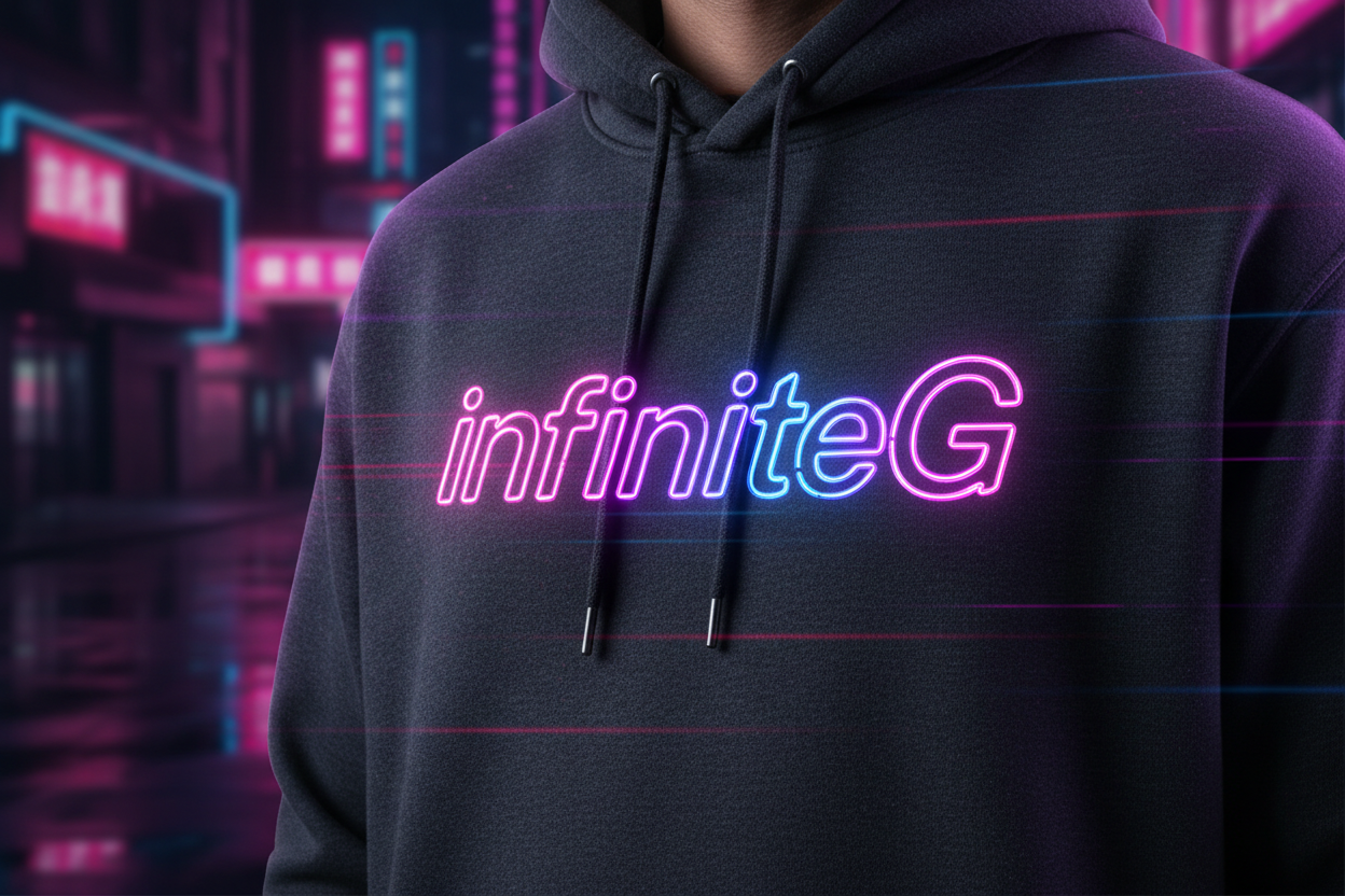 1:1 Close-up hoodie shot or neon street aesthetic-hoodie Text "infiniteG"
