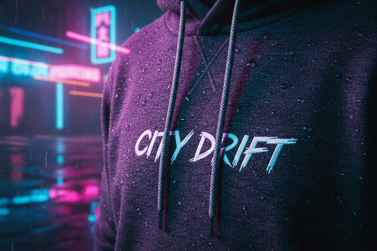 1:1 Close-up hoodie shot or neon street aesthetic