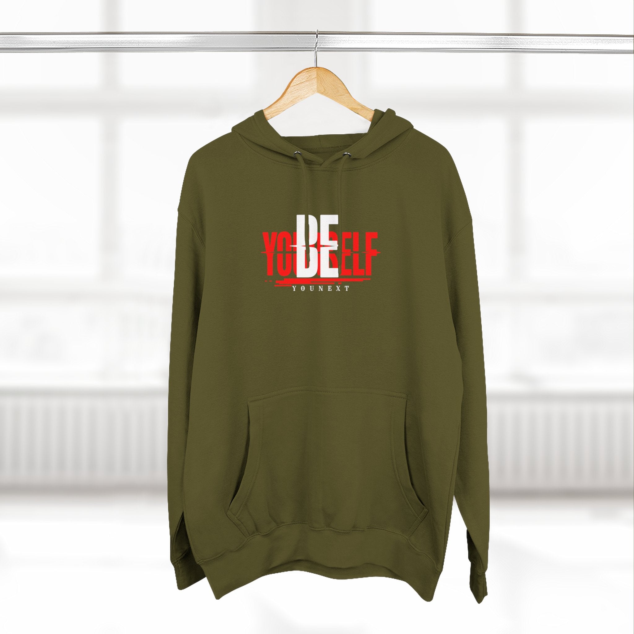 Be Yourself Hoodie — Bold Red & White Typography Fleece Pullover