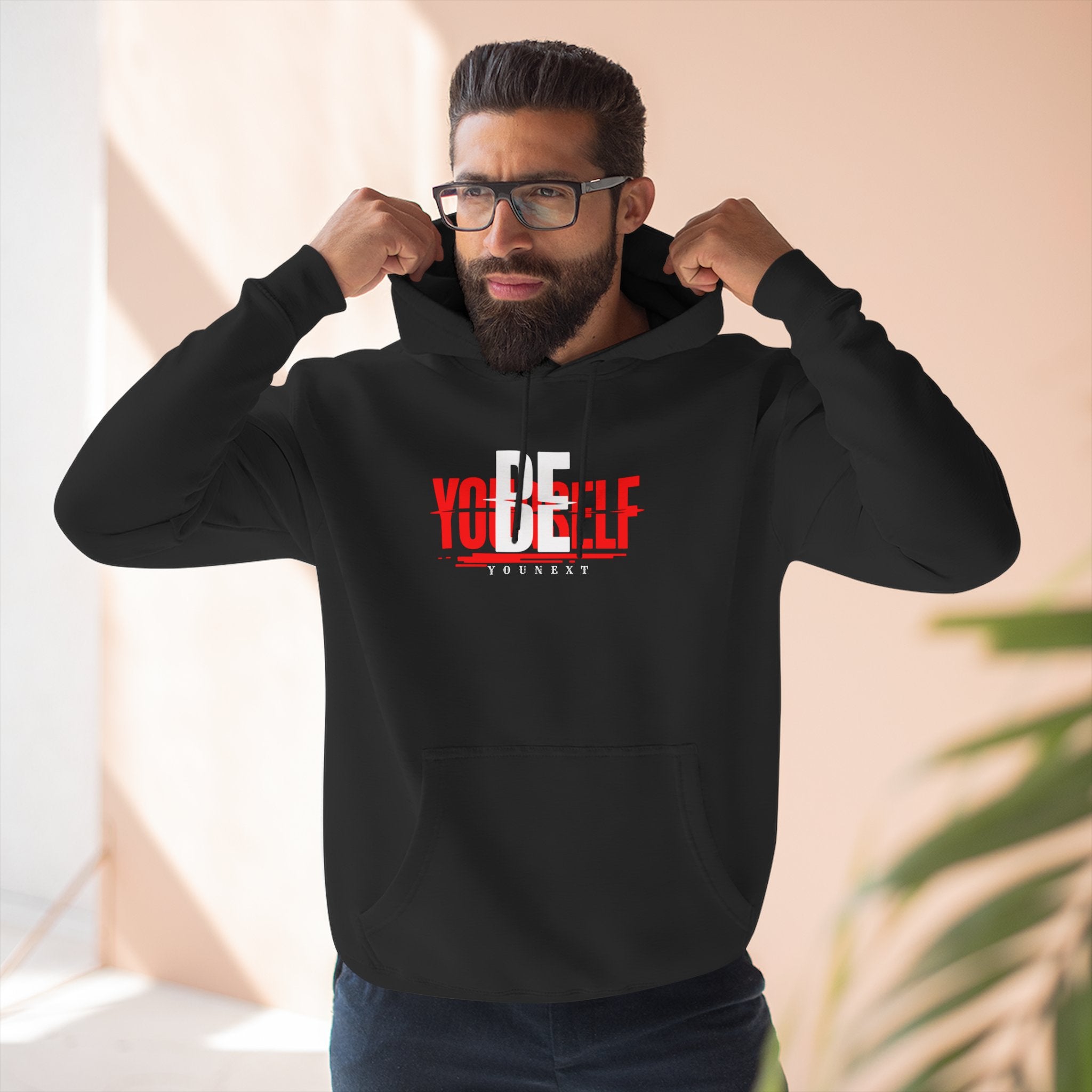 Be Yourself Hoodie — Bold Red & White Typography Fleece Pullover