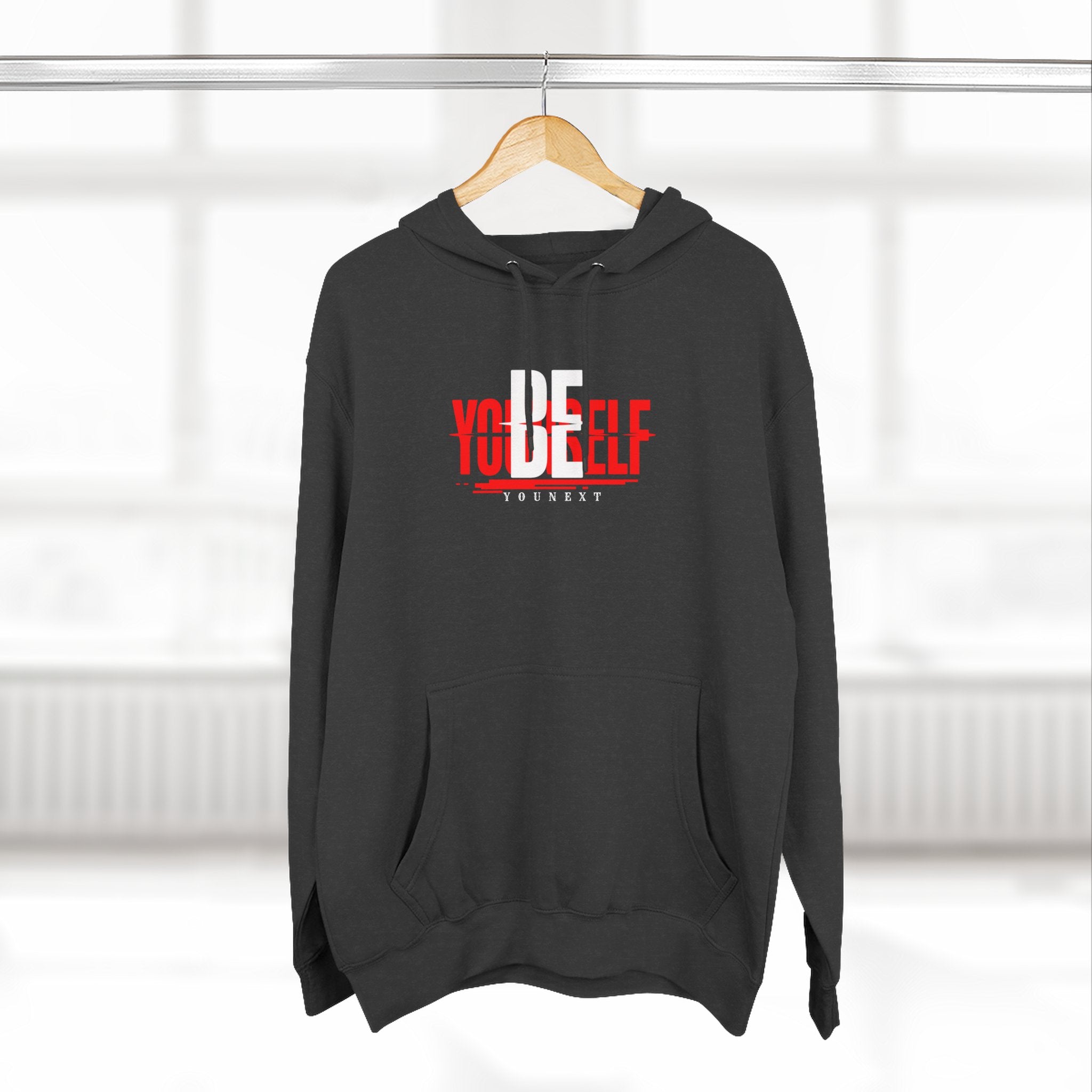 Be Yourself Hoodie — Bold Red & White Typography Fleece Pullover