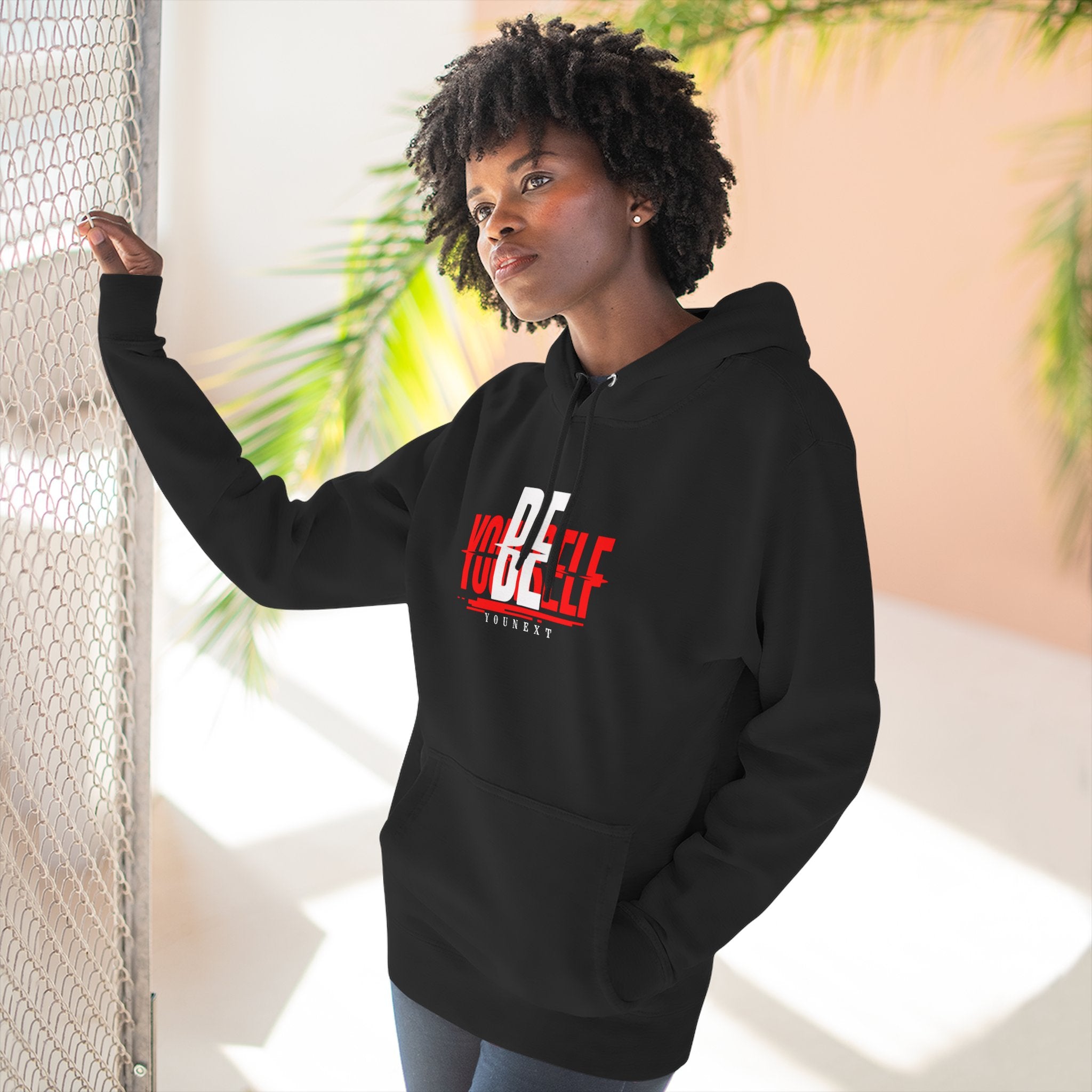 Be Yourself Hoodie — Bold Red & White Typography Fleece Pullover