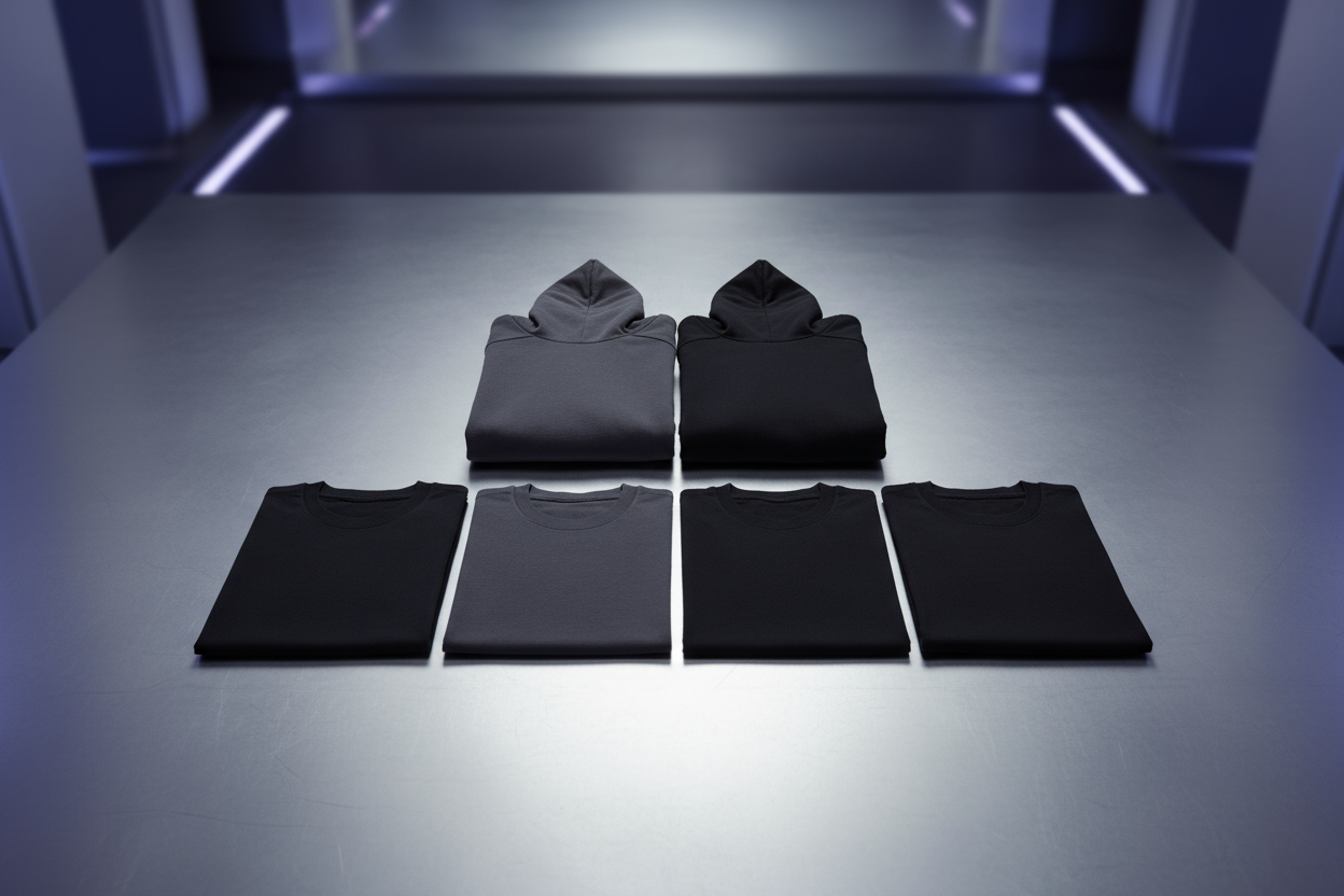 “Futuristic minimal streetwear setup — black and charcoal hoodies and t-shirts folded symmetrically on metallic grey surface, soft top lighting, subtle reflections, high-end fashion editorial look, no text, no logo.”