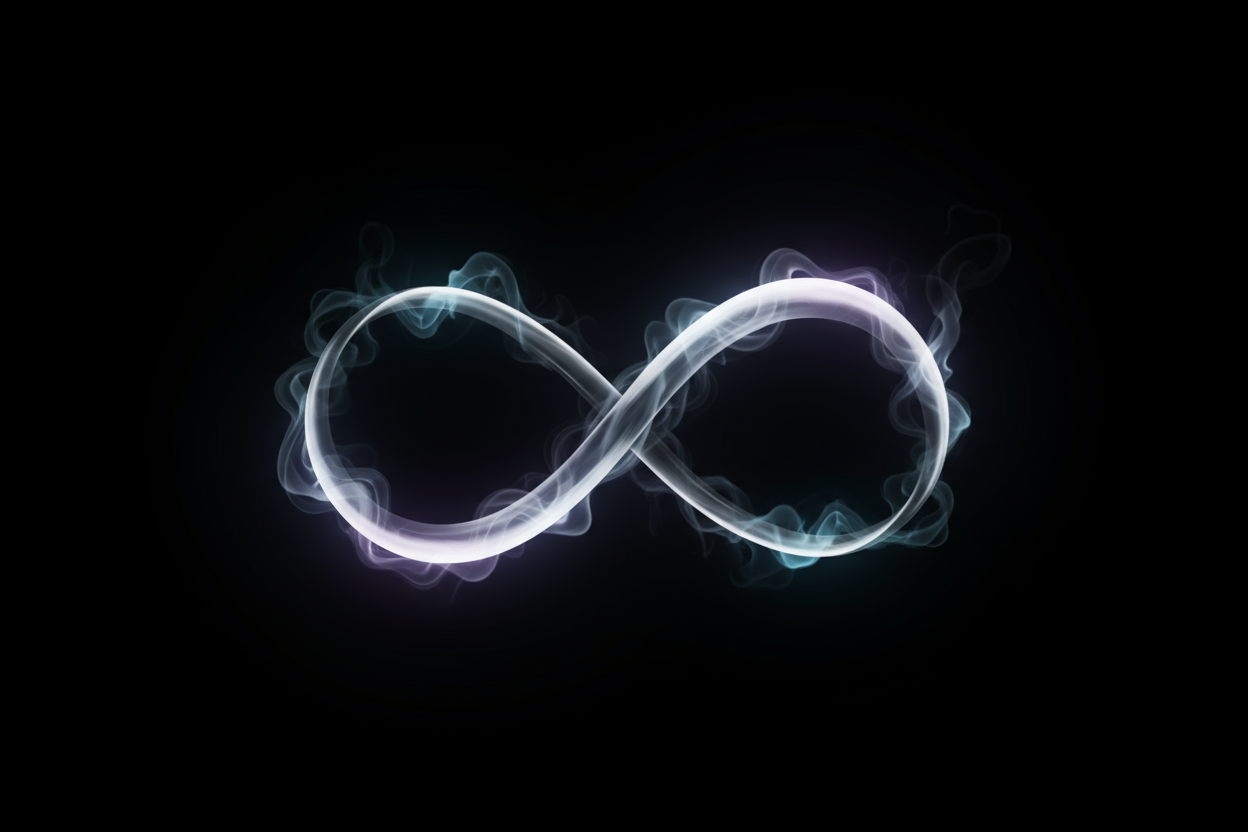 minimal abstract visual of silver infinity symbol forming from smoke or light in dark black space, soft gradient glow, futuristic energy aesthetic, sleek and elegant, ultra-clean design, concept art style, no text